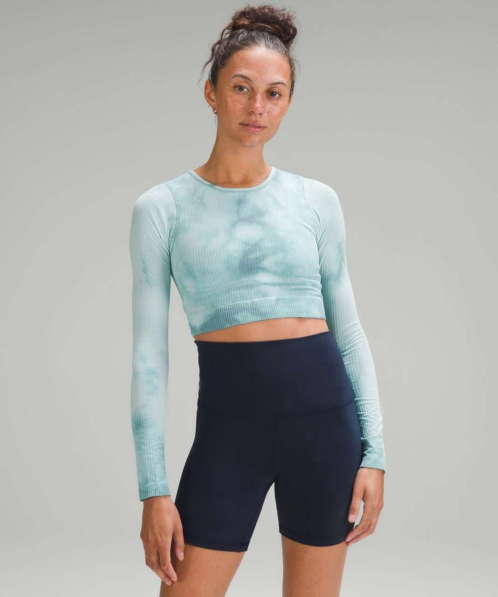 Lululemon Ebb to Street Top size 6 Long Sleeve Crop Marble Dye Blue
